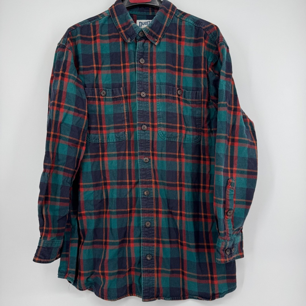 Duluth Trading Co Mens XL Tall Relaxed Fit Flannel Shirt Plaid Green Red Navy